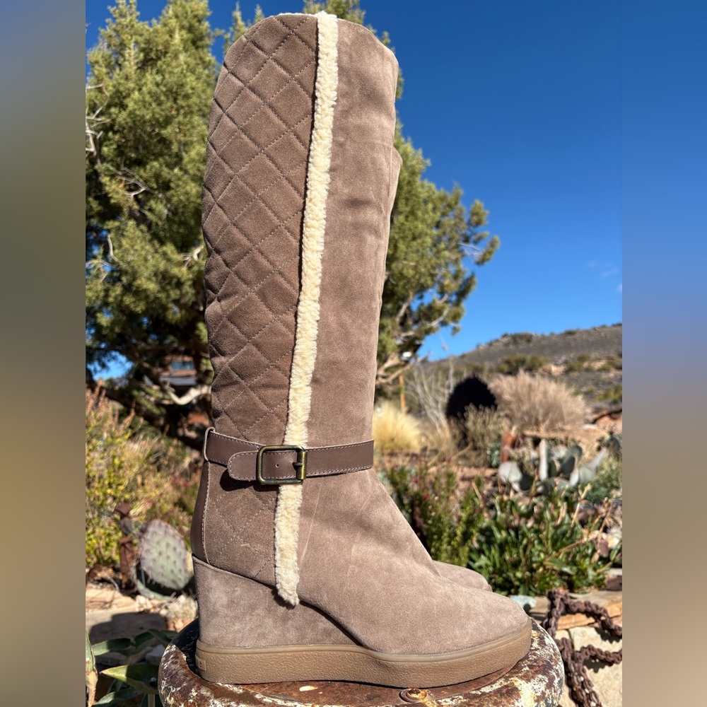 NWOT Aquatalia Callie Faux Fur-Trimmed Suede Tall Boots - Picture 2 of 16